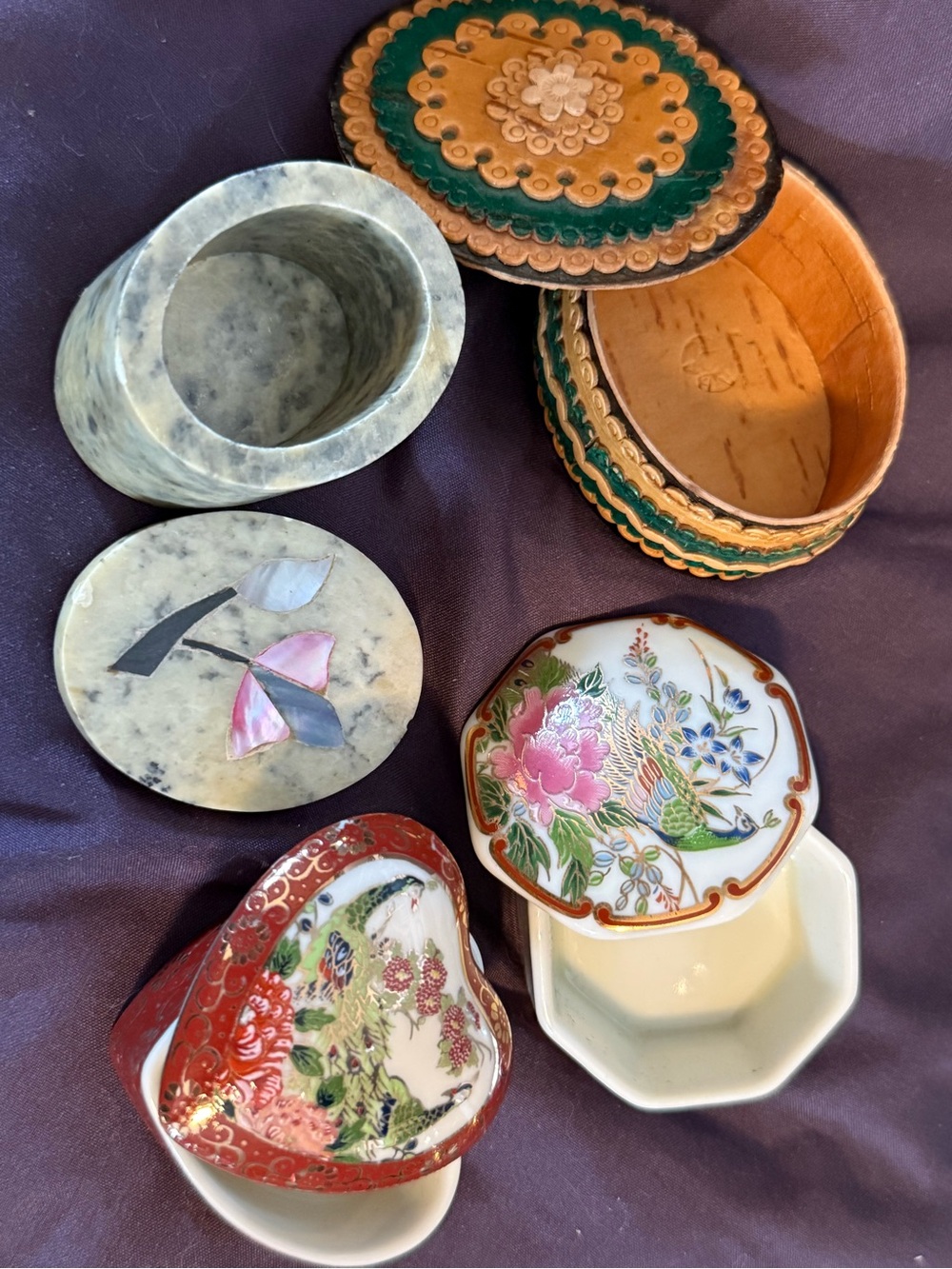 Assorted Decorative Trinket Boxes - Floral Porcelain, Wood & Stone